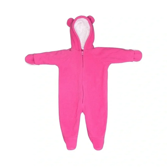 Cozy Pink Fleece Baby Onesie with Ears | Soft Zip-Up Footie Pajama Jumper - Picture 1 of 4
